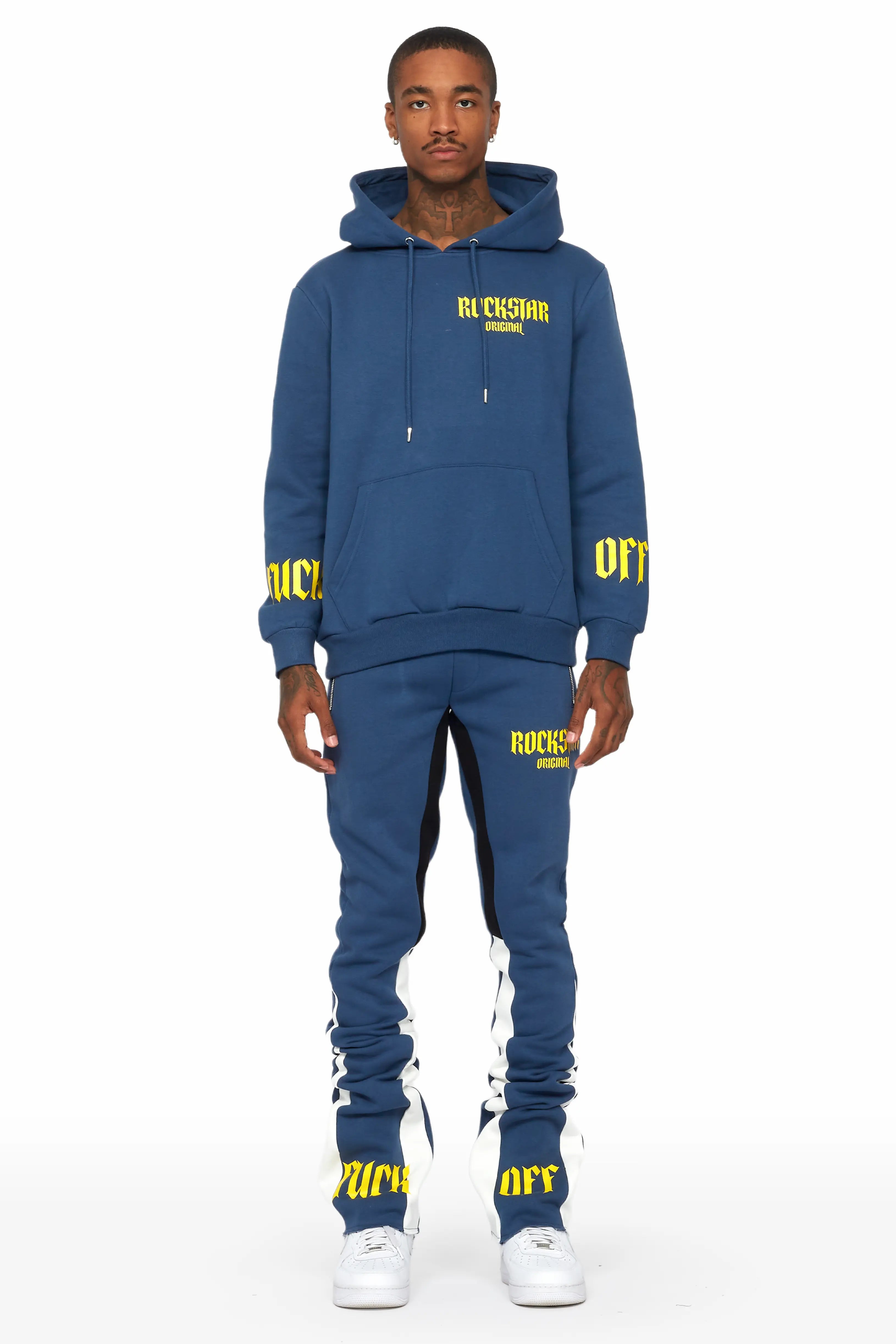 Omar Navy/White Oversized Hoodie/Stacked Flare Trackset Trendy Men's Bucket