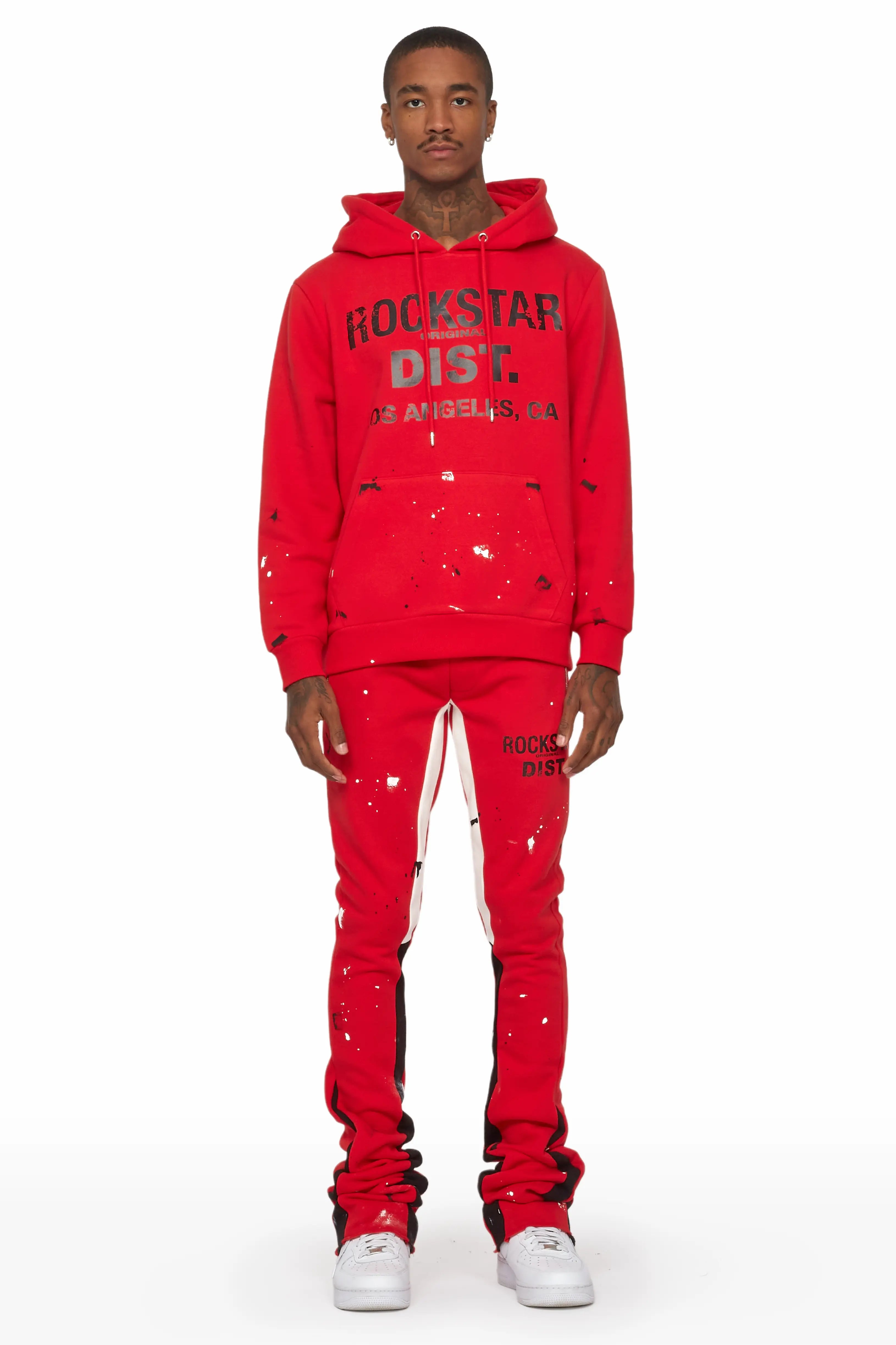 Scottie Red Paint Splatter Hoodie/Stacked Flare Track Set Confident Men's High