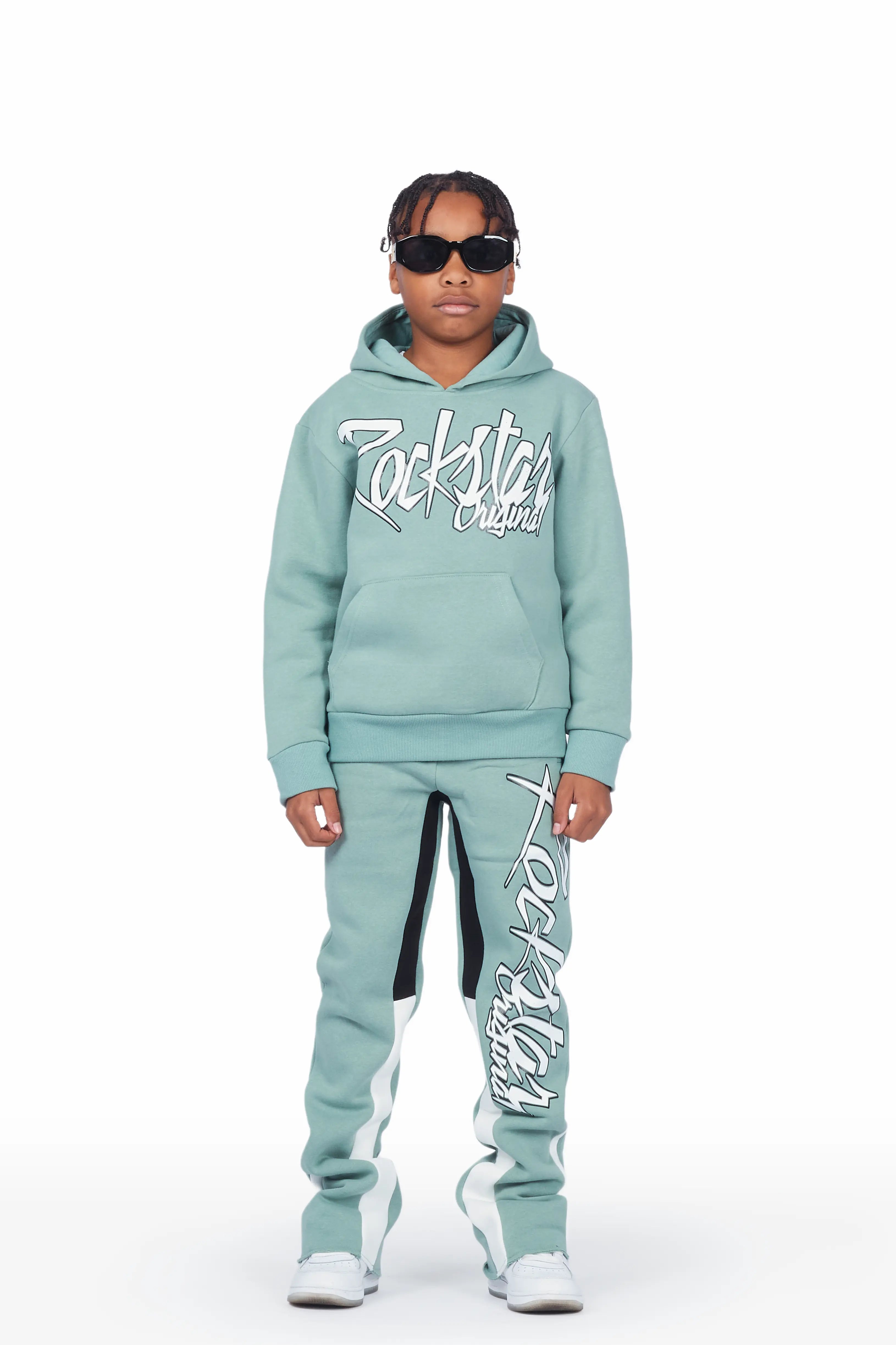 Boys Kalibre Sage/White Hoodie Stacked Flare Track Set Edgy Men's Punk