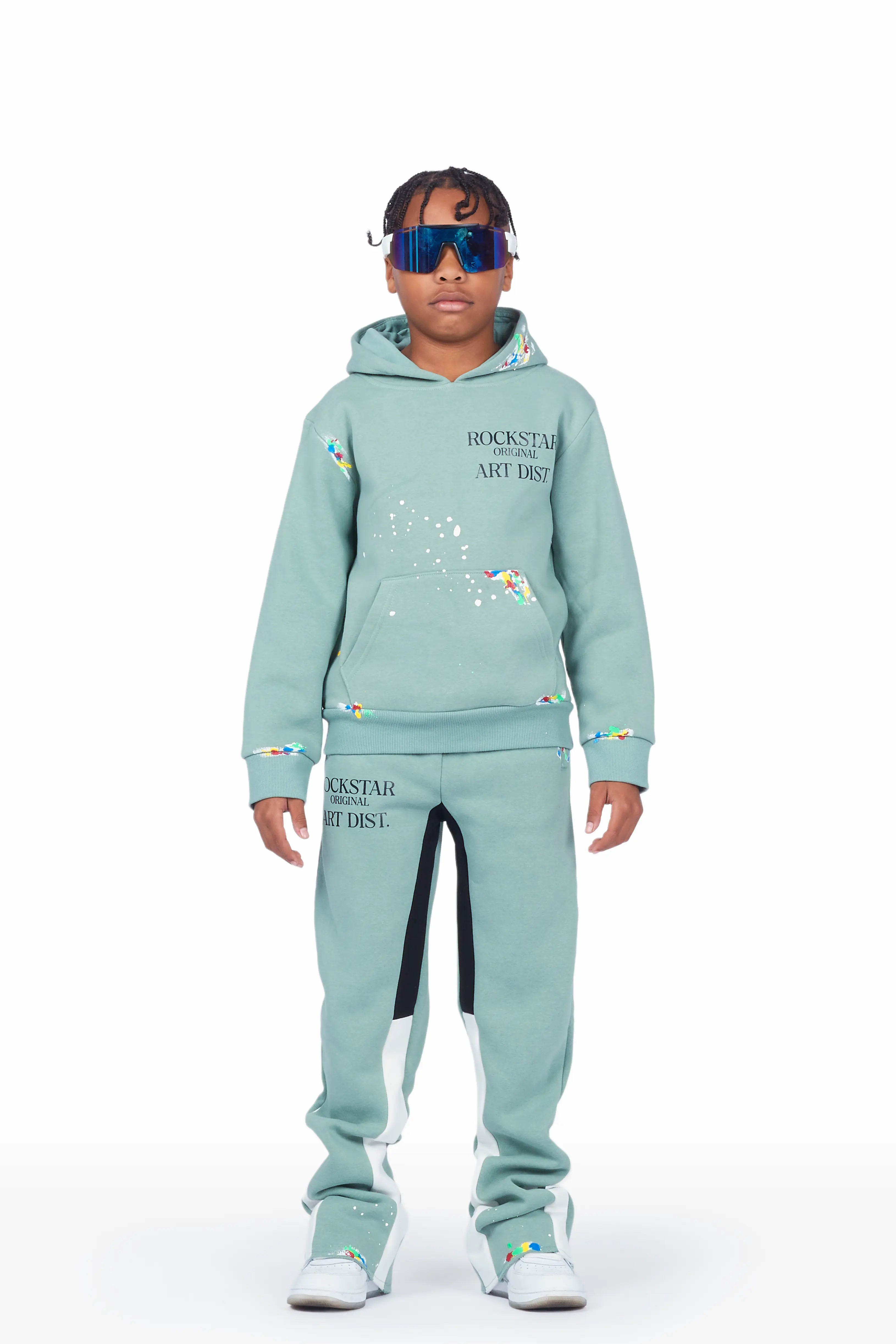 Boys Art Dist. Sage/White Hoodie Stacked Flare Track Set Traditional Men's Country