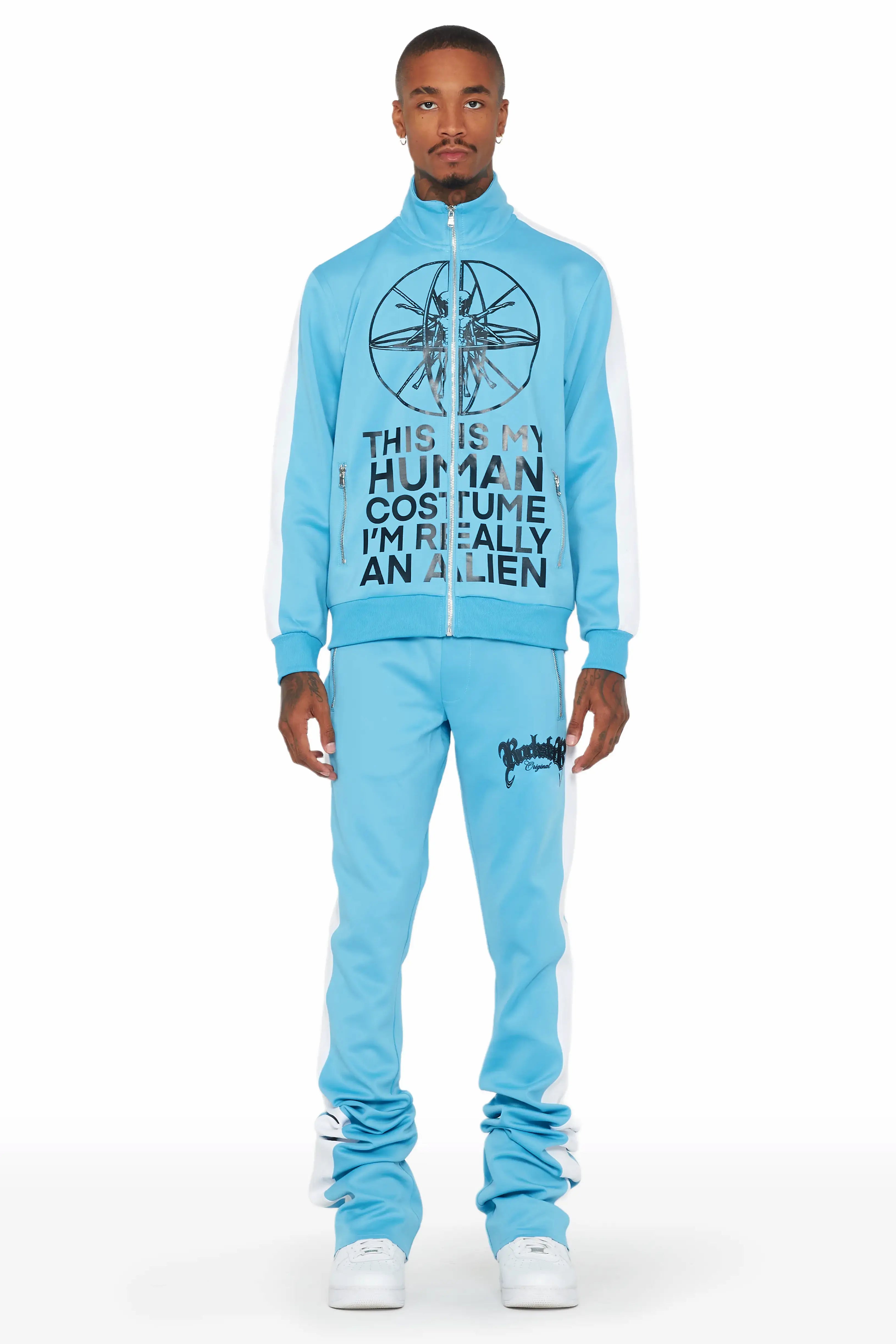 Cecyl Baby Blue Tricot Super Stacked Track Set Trendy Men's Oversized