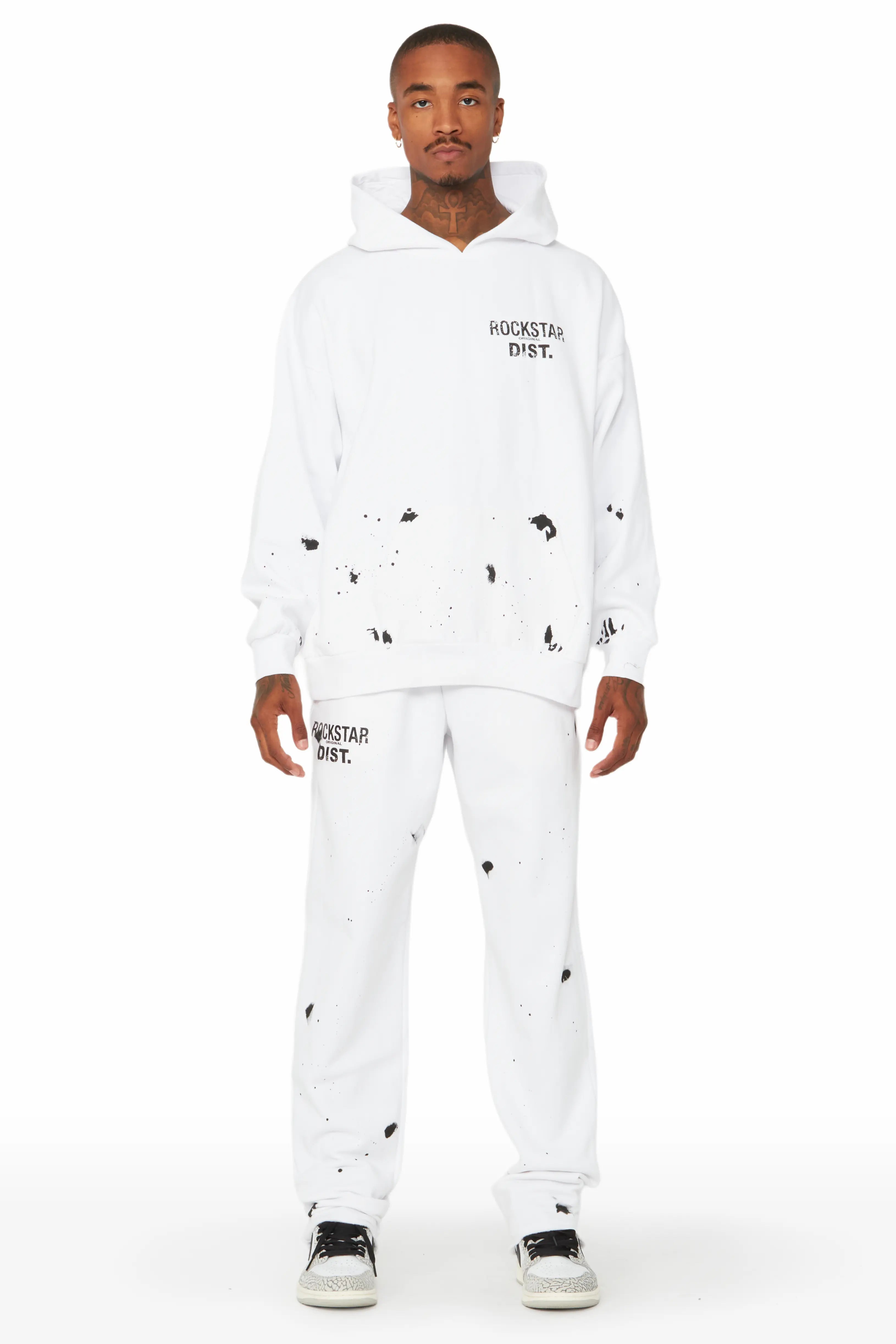 Raffer White Hoodie/Stacked Flare Track Set Preppy Men's College