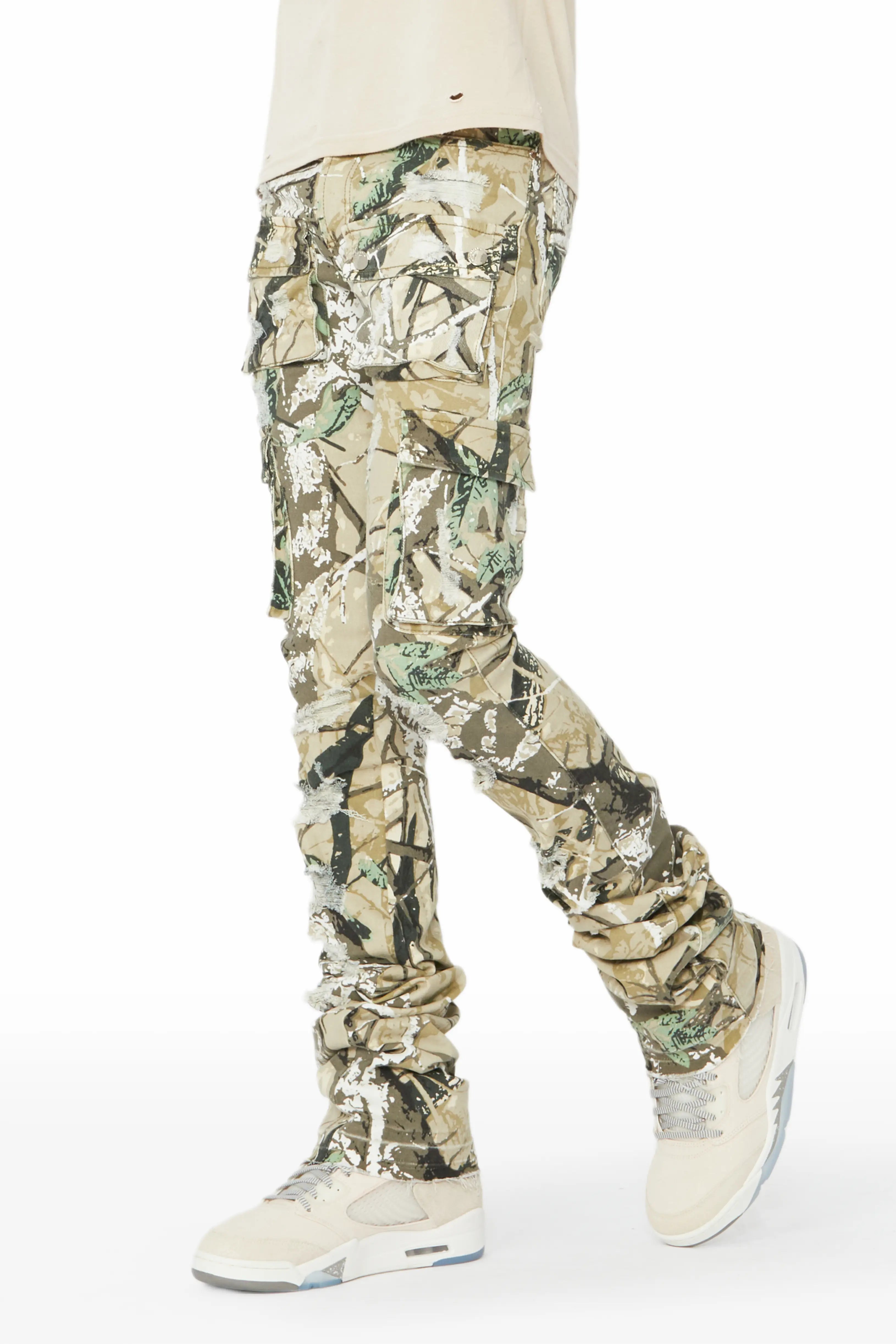 Zaire Tree Camo Cargo Super Stacked Flare Jean Unique Men's Patch