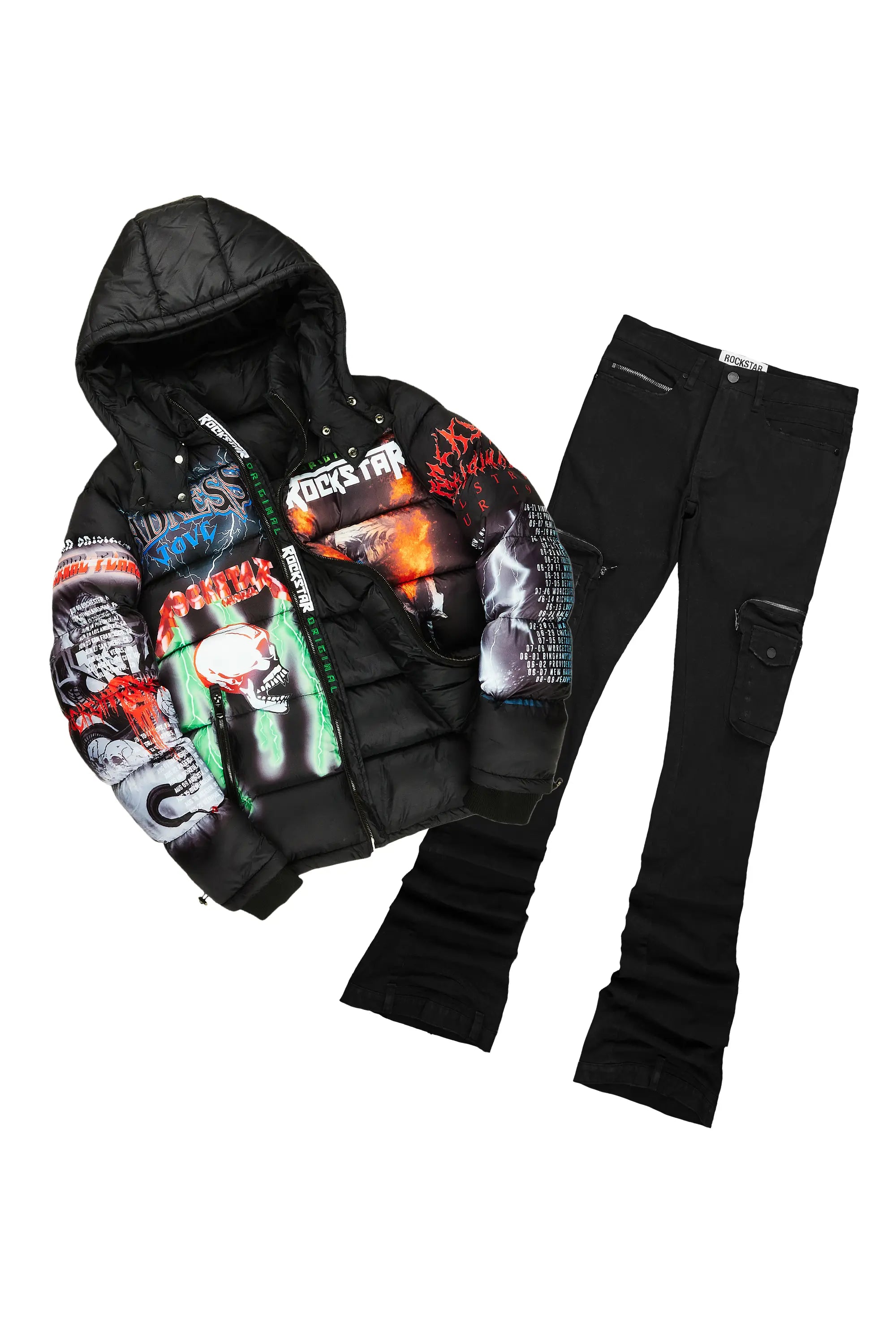 Nash Puffer & Sutton Black Super Stacked Flare Jean Bundle Casual Men's Loose