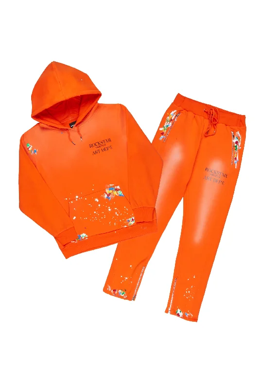 Rockstar Art Dist. Orange Hoodie Slim Fit Pant Set Refined Men's European