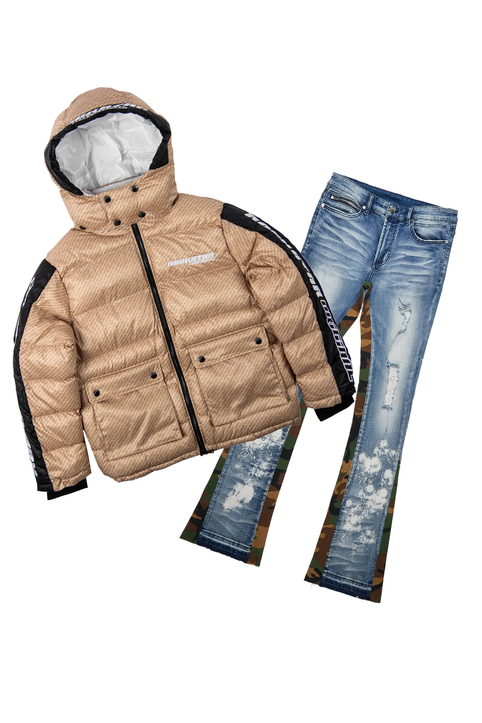 Bryson Puffer Beige & Strass Blue Stacked Flare Jean Bundle Dynamic Men's High