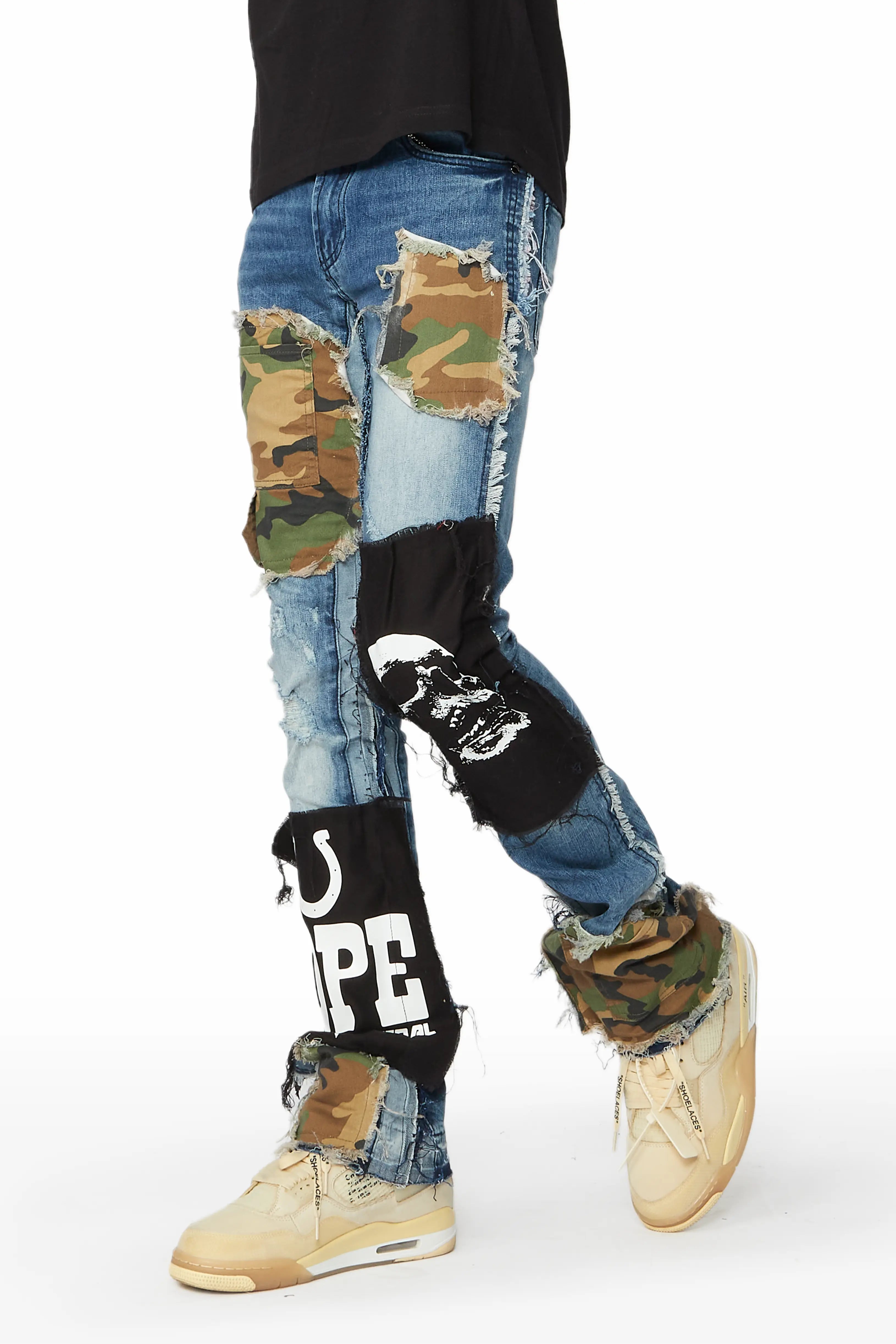 Hugo Blue/Camo Stacked Patchwork Flare Jean Sophisticated Men's French