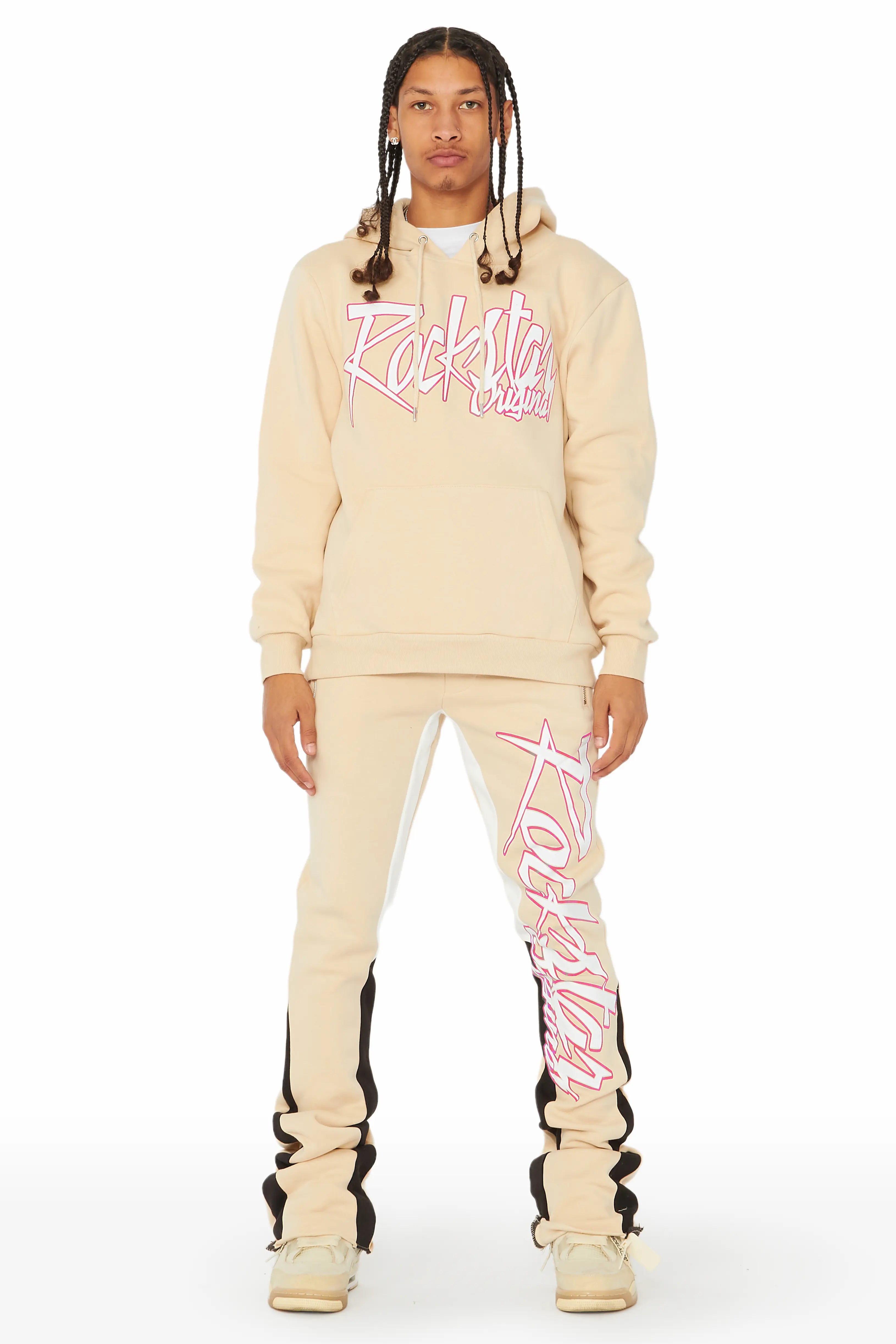 Kalibre Tan/Pink Hoodie/Stacked Flare Track Set Sleek Men's Metallic