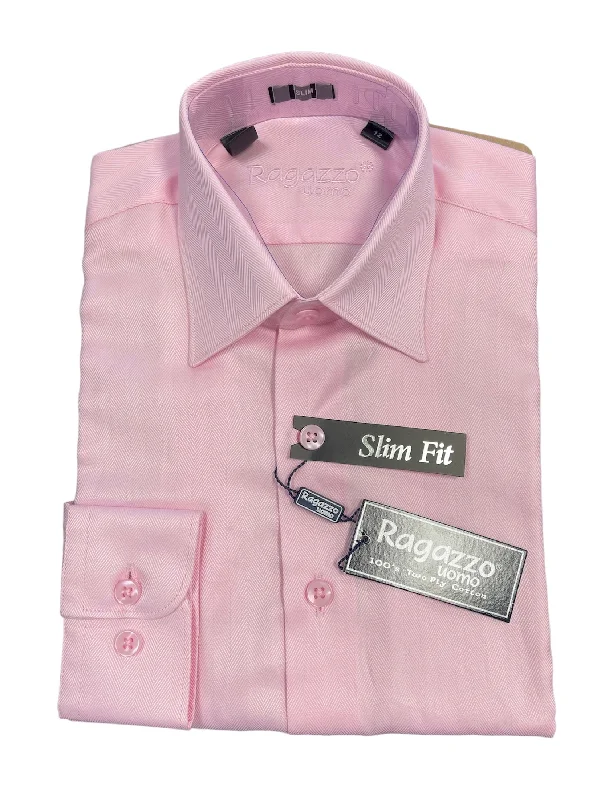 BOYS SLIM FIT HERRINGBONE DRESS SHIRT - PINK Athletic Men's Compression