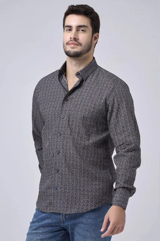 Black and Gold Dot Print No-Iron Cotton Sport Shirt with Hidden Button Down Collar by Leo Chevalier