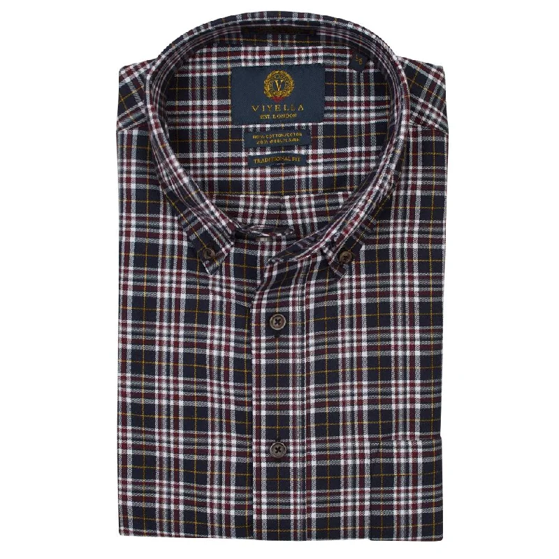 Black, Burgundy, and Gold Plaid Cotton and Wool Blend Button-Down Shirt by Viyella