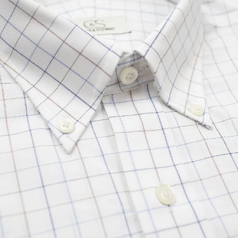 Blue and Tan Check Stretch Cotton Wrinkle-Free Dress Shirt with Button-Down Collar by Cooper & Stewart