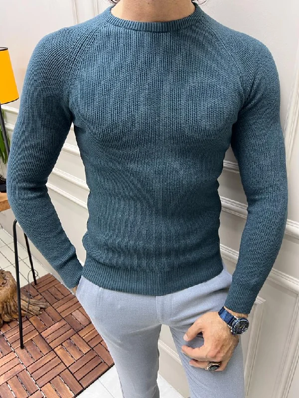 Bojoni Astoria Teal Slim Fit Crewneck Sweater