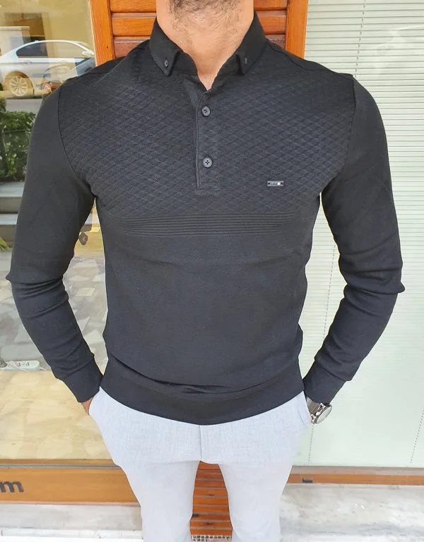 Bojoni Verno Black Slim Fit Long Sleeve Polo Shirt