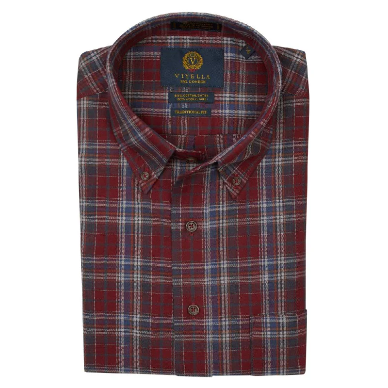 Burgundy, Grey, and Blue Plaid Cotton and Wool Blend Button-Down Shirt (Size Medium) by Viyella