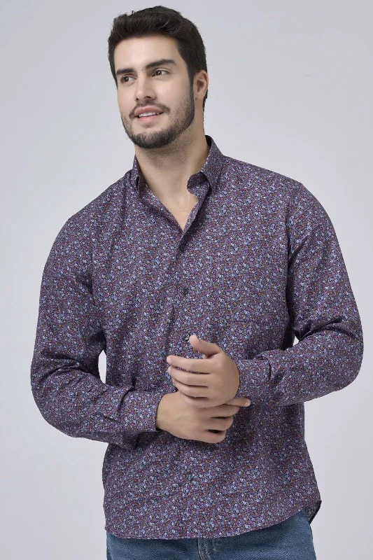 Burgundy, Sky, and Tan Botanical Print No-Iron Cotton Sport Shirt with Hidden Button Down Collar by Leo Chevalier