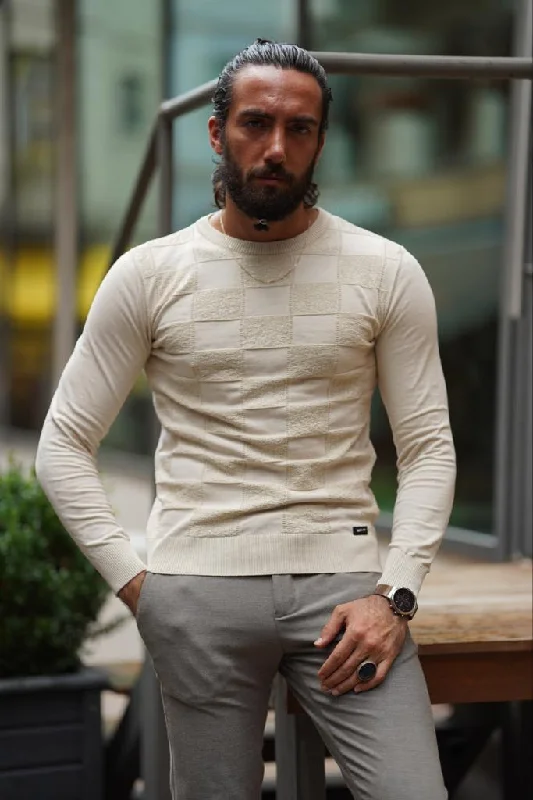 Thread Slim Fit Custom Design Round Neck Beige Sweaters