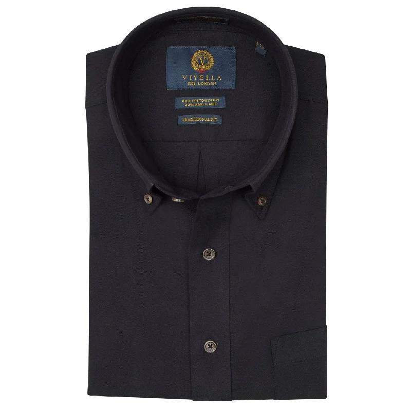 Solid Cotton and Wool Blend Button-Down Shirt in Black by Viyella