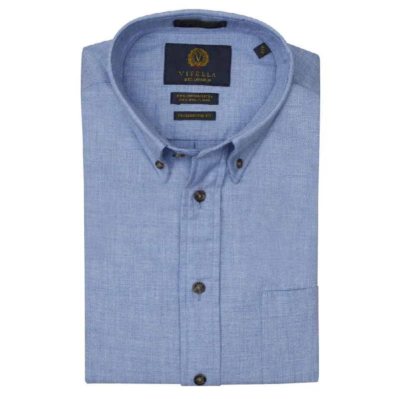 Solid Cotton and Wool Blend Button-Down Shirt in Chambray Blue (TAILORED FIT) by Viyella