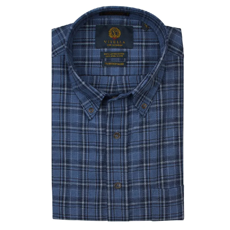 Indigo and Navy Plaid Cotton and Wool Blend Button-Down Shirt by Viyella