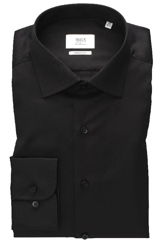 'Luxury Shirt' in Black - Modern Fit - Two Ply Cotton Twill Dress Shirt with Kent Collar by Eterna 1863