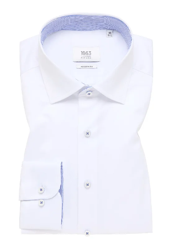 'Luxury Shirt' in White with Contrast Details - Modern Fit - Two Ply Cotton Twill Dress Shirt with Kent Collar by Eterna 1863