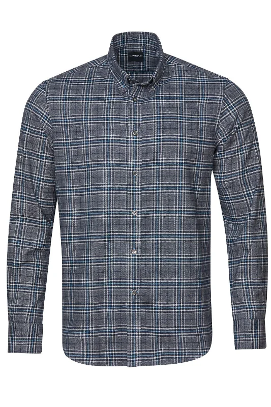 Mirage Grey, Blue, and White Plaid Brushed Cotton Sport Shirt with Button Down Collar by Leo Chevalier