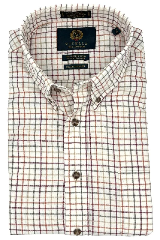 Multi Autumn Tattersall Cotton and Wool Blend Button-Down Shirt (Tailored Fit) by Viyella