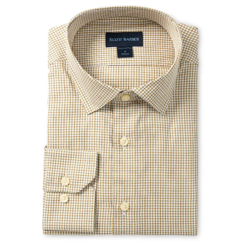 Natural Stretch Cotton Mini Check Sport Shirt in Sage, Gold, and Brown by Scott Barber