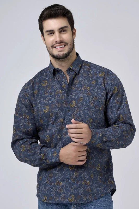 Navy and Gold Floral Paisley Print No-Iron Cotton Sport Shirt with Hidden Button Down Collar by Leo Chevalier