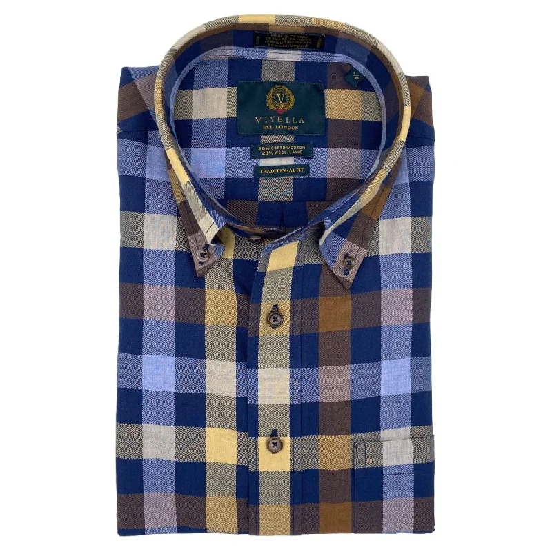 Navy and Gold Multi Plaid Cotton and Wool Blend Button-Down Shirt by Viyella