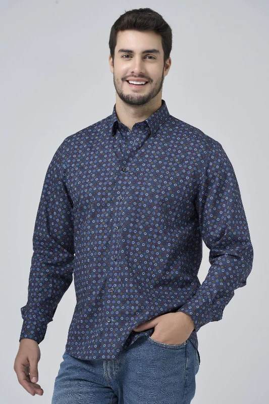 Navy and Multi Neat Medallion Print No-Iron Cotton Sport Shirt with Hidden Button Down Collar by Leo Chevalier