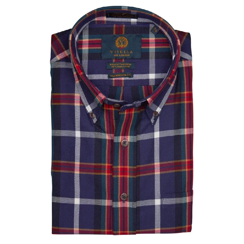 Navy and Red Plaid Cotton and Wool Blend Button-Down Shirt by Viyella