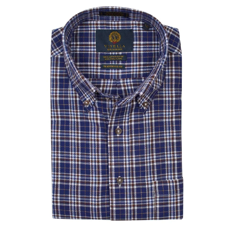 Navy, Brown, and White Plaid Cotton and Wool Blend Button-Down Shirt by Viyella