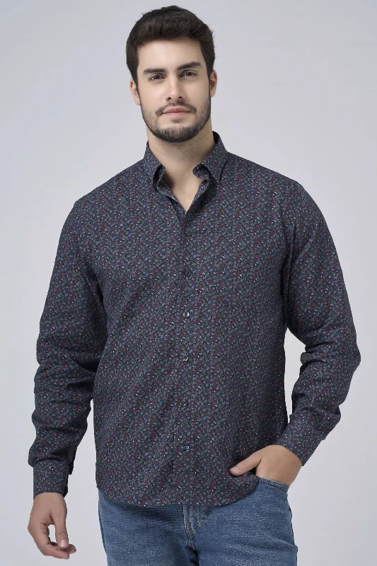 Navy, Green, and Wine Abstract Print No-Iron Cotton Sport Shirt with Hidden Button Down Collar by Leo Chevalier