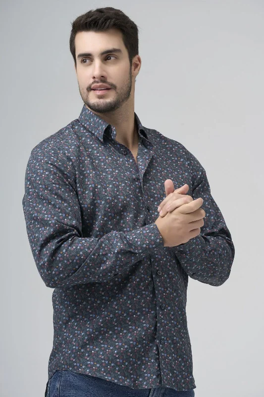 Navy, Sky, and Pink Mini Floral Print No-Iron Cotton Sport Shirt with Hidden Button Down Collar by Leo Chevalier