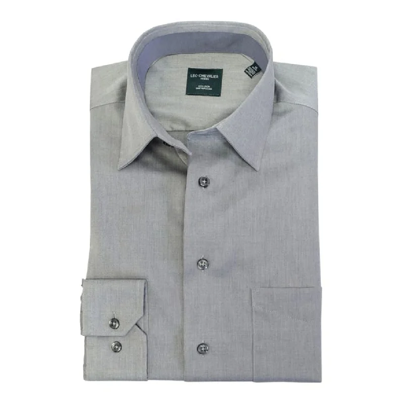 No-Iron Cotton Dress Shirt with Spread Collar in Grey (Regular Fit) by Leo Chevalier