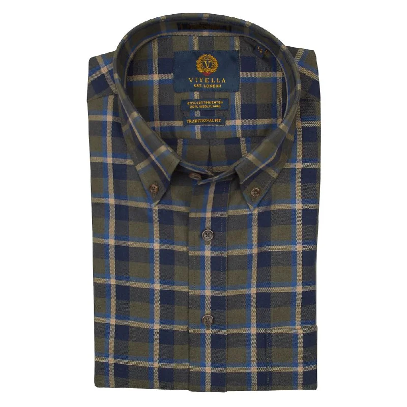 Olive, Blue, and Beige Plaid Cotton and Wool Blend Button-Down Shirt by Viyella