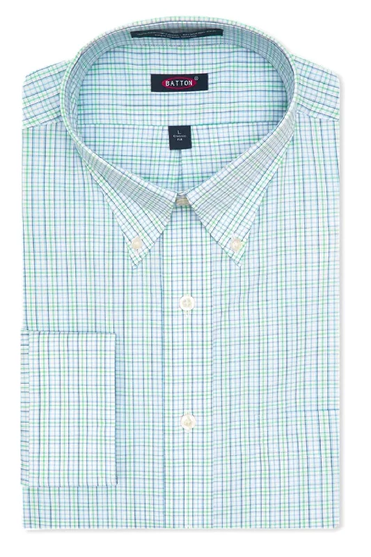 'Oliver' Blue and Mint Plaid Long Sleeve Beyond Non-Iron® Cotton Sport Shirt by Batton