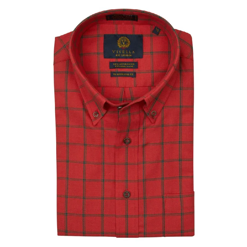 Red and Sage Green Plaid Cotton and Wool Blend Button-Down Shirt by Viyella