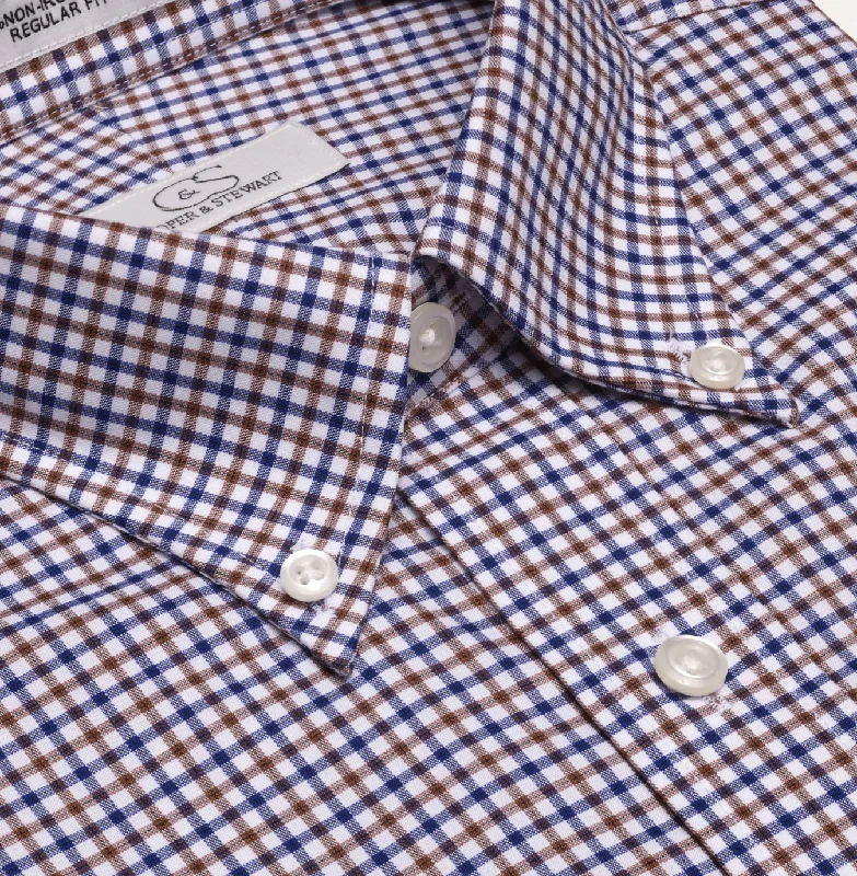 Tan and Blue Cotton Dress Shirt with Button-Down Collar by Cooper & Stewart