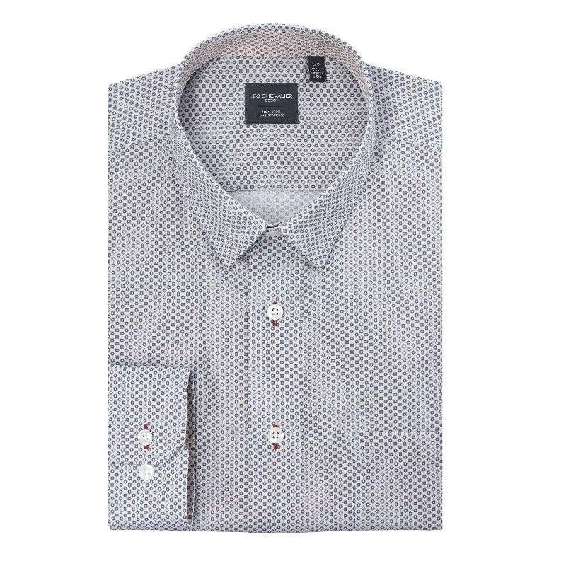 White, Blue, and Rust Print No-Iron Cotton Sport Shirt with Hidden Button Down Collar by Leo Chevalier