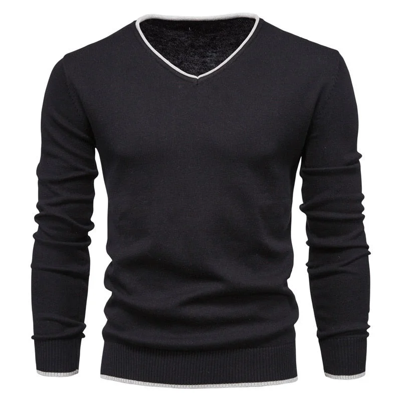 Men's Casual Cotton Knitted Standard Wool V-neck Solid Slim Pullover