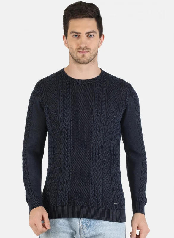 Men NAvy Blue Self Design Pullover