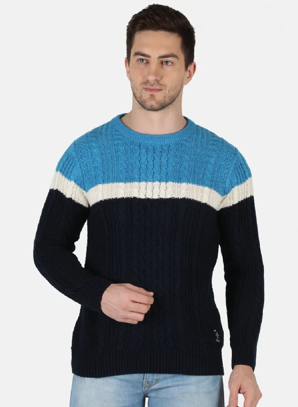 Men NAvy Blue Self Design Pullover