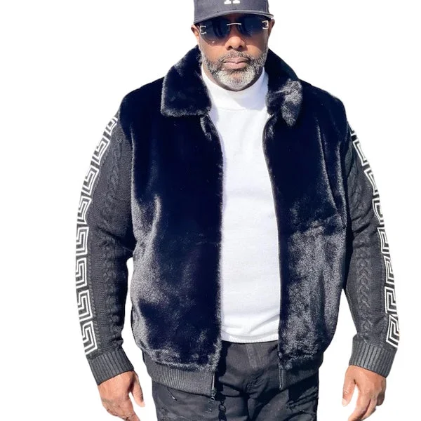 Prestige "King" Fur Bomber Sweater Jacket (Black/White) 170